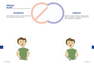NORMAS:
MANO
INCORRECTO

CORRECTO

Colocar objetos en la mano ya sea con el objetivo de
que la apriete o de que no se le cierre.

Mantener la mano en extensión (abierta) apoyada
sobre una superficie o mediante una férula si ha
sido indicada por el fisioterapeuta.

236 fisioterapia

fisioterapia 237

 