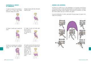 QUITARSE EL JERSEY
O CAMISETA:
1) Subir el cuerpo de la camiseta o
jersey con la mano sana hasta
colocarlo debajo de la axila.

ATARSE LOS ZAPATOS:
4) Bajar el jersey del lado afectado
hasta el codo.

Se precisa un cordón que no sea resbaladizo. En el agujero más cercano
a la punta se hace un nudo que debe quedar en la parte externa. Se darán
pasadas horizontales hasta el agujero más próximo a la pierna, y el resto
del cordón deberá salir por el interior del zapato.
Una vez introducido el cordón, para atarlo hay que seguir los pasos indicados en los dibujos:

2) Coger el cuello por la parte de
atrás.

5) Coger el puño del lado sano
por la boca y
tirar hasta que
se esconda la
mano.

3) Sacar la camiseta por la cabeza
hasta que esta salga completamente.

6) Sujetar el puño entre las piernas
y sacar totalmente el brazo sano.
A continuación,
sacar el brazo
afectado cuidando de no
flexionarlo y
llevarlo hacia
atrás.

278 terapia ocupacional

terapia ocupacional 279

 