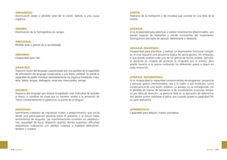 AMAUROSIS:
Disminución grave o pérdida total de la visión, debido a una causa
orgánica.

APATÍA:
Trastorno de la motivación o de iniciativa que consiste en una falta de la
misma.

ANEMIA:
Disminución de la hemoglobina en sangre.

APRAXIA:
Es la incapacidad para planificar y realizar movimientos determinados, aun
siendo capaces de realizarlos y siendo conscientes del movimiento.
Distinguimos dos tipos de apraxia: ideomotora e ideatoria.

ANESTESIA:
Pérdida total o parcial de la sensibilidad.

ANOSMIA:
Incapacidad para oler.

ANARTRIA:
Trastorno motor del lenguaje, caracterizado por una pérdida de la capacidad
de articulación del lenguaje consecuente a una lesión cerebral. Se pierde la
capacidad de poder movilizar voluntariamente los órganos fonadores: maxilares, labios, lengua, diafragma, músculos intercostales, laringe.

ANOMIA:
Trastorno del lenguaje que reduce la expresión oral. Dificultad de acceder
al léxico, o nombrar las cosas por su nombre, similar a la sensación de
“tener constantemente la palabra en la punta de la lengua”.

ANSIEDAD:
Sentimiento subjetivo de inquietud, miedo o presentimiento que oscila
desde una preocupación excesiva sobre el presente o el futuro hasta
sentimientos de angustia. Las manifestaciones consisten en palpitaciones, sequedad de boca, dilatación pupilar, disnea suspirosa, dificultad
respiratoria, sudoración con palidez cutánea, y malestar abdominal,
temblor y mareos.

318 glosario

APRAXIA IDEATORIA:
Incapacidad para planificar y realizar un movimiento funcional complejo, el cual requiere una secuencia lógica de varios gestos. Sin embargo,
sí que puede realizar cada uno de los gestos de forma aislada. Ejemplo:
el paciente es incapaz de ponerse la chaqueta por sí mismo, pero
puede hacerlo si le vamos indicando los diferentes pasos a seguir en
cada momento.

APRAXIA IDEOMOTORA:
Es la incapacidad (o capacidad comprometida) de programar, secuenciar
y ejecutar gestos intencionados, sea a la orden o por imitación, como
consecuencia de una lesión cerebral. La apraxia no se corresponde con
la pérdida de fuerza, de sensación o de coordinación muscular, tampoco por falta de atención. La persona falla en la ejecución de determinados gestos (como cepillarse el pelo), aun cuando posee la capacidad física para realizarlos.

APRENDIZAJE:
Capacidad para adquirir nuevos conceptos.

glosario 319

 