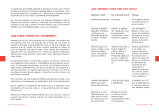 se caracterizan por mirada ausente y la realización de actos más o menos
complejos (movimientos manuales desorganizados u organizados, movimientos de deglución o chupeteo, etc.) y amnesia de lo sucedido durante
el período que dura la crisis y el inmediato período posterior.

¿QUÉ DEBEMOS HACER ANTE UNA CRISIS?
DEBEMOS HACER

NO DEBEMOS HACER

PORQUE

Las crisis generalizadas ocurren por una descarga afectando a toda la
superficie del cerebro y pueden ser convulsivas o no convulsivas, como las
ausencias, en las que la persona se queda inmóvil, con el conocimiento
perdido y con la mirada fija durante unos pocos segundos.

Mantenernos tranquilos

Asustarnos

Por lo general recuperará la conciencia en
pocos minutos.

Evite que se golpee
alejándolo de objetos
y colocando una
almohada debajo de
la cabeza. Túmbelo
de lado.

Sujetar a la persona
con fuerza para evitar
los movimientos.
Tumbarlo boca arriba.
Sacudirlo o golpearlo.

Solo conseguirá
dañarle a usted y a él
mismo. La mordedura
de lengua es un daño
menor al que le ocasionaría al intentarle
abrirle la boca.

Afloje el cuello de la
camisa, corbata u otra
prenda ajustada al
cuello. Evite aglomeraciones alrededor.

Tratar de reanimarla o
hacerle respiración
artificial. Abrirle la
boca a la fuerza.
Introducirle objetos en
su boca. Frotarle con
alcohol, echarle agua,
etc.

Aunque aparentemente no respire, no
necesita respiración
artificial. Los cambios
de coloración de la
piel no son signos de
asfixia y los ruidos son
por problemas de
coordinación de la
respiración y el
aumento de secreciones. Una vez pasada
la crisis, recuperará su
ritmo respiratorio.

Observar atentamente
todo lo que ocurre.
Espere pacientemente.

Correr a buscar ayuda
y abandonarle.

El elemento más útil
para el diagnóstico de
la crisis es un relato lo
más detallado posible.

Después de la crisis
déjele descansar tumbado sobre un costado hasta que se recupere totalmente.

Después de la crisis
no necesita ningún
sedante ni por
supuesto trate de alterar su descanso.

¿QUÉ PUEDO ESPERAR DEL TRATAMIENTO?
Alrededor del 30-50% de los pacientes con una primera crisis suelen sufrir
una segunda crisis. Tras una segunda crisis el riesgo de una tercera es
superior al 65% por lo que el tratamiento está, en general, indicado. Los
pacientes que han tenido una lesión cerebral, presentan un riesgo de
sufrir una segunda crisis mucho mayor. Otros factores que aumentan el
riesgo de sufrir una segunda crisis son: saltarse una dosis de medicación,
falta de sueño, estar enfermo y tener fiebre, beber demasiado alcohol o
tomar drogas.
El tratamiento médico va encaminado a suprimir o disminuir el número de
crisis epilépticas, disminuyendo la irritabilidad de las neuronas que las provocan. El tratamiento comienza con la toma de un solo fármaco (monoterapia) a dosis progresivamente más altas y tomadas de forma regular y a
las horas prescritas. En aquellos pacientes que continúan con crisis se
incrementa la dosis hasta conseguir el control de las crisis o llegar a la
dosis máxima tolerable.
Pero si persisten las crisis o aparecen efectos secundarios se cambia a otro
tratamiento en monoterapia o a la combinación de 2 ó más medicamentos.
Nunca suspenda el tratamiento de forma brusca, el abandono de la
medicación o el olvido de tomas es la causa más frecuente de reaparición de crisis.
Además del tratamiento médico deberá llevar una vida sana, evitar el
consumo de alcohol y drogas y dormir las horas apropiadas con un
ritmo regular.
78 medicina y enfermería

medicina y enfermería 79

 