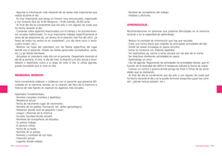 ·Apuntar la información más relevante de las tareas más importantes que
realiza durante el día.
·Es muy importante que tenga un horario muy estructurado, organizado
y con horarios fijos (ej: 8.00 desayuno, 14.00 comida, 20.00 cena).
·Al final del día es conveniente que lea sólo o con alguien las cosas que
ha hecho durante el día.
·Conversar sobre aspectos relacionados con el tiempo y los acontecimientos anuales tradicionales. Es muy importante trabajar específicamente el
tema de las estaciones (ej: ¿el verano es la estación más fría del año?, ¿la
fiesta de todos los santos es en noviembre?, ¿un día tiene ocho o veinticuatro horas?, etc.).
·Rellenar las hojas del calendario con las fiestas específicas del lugar
donde vive el paciente. Añadir las fiestas personales (cumpleaños, santo,
etc.) y las fiestas familiares.
·Actualizar el calendario cada día con el paciente. Despertarle diciendo el
día de la semana, el mes, el día del mes, la estación y el año actual y recordárselo o repetírselo como a lo largo de todo el día. Si utiliza agenda,
puede recordarle que lo mire en ella.

MEMORIA REMOTA
Sería conveniente elaborar o colaborar con el paciente que presenta dificultades en la memoria remota, en la creación del libro de la memoria o
historia de vida fijando en especial los aspectos más actuales.

·Nombre de compañeros del trabajo.
·Hobbies y aficiones.

APRENDIZAJE
Recomendaciones en personas que presenta dificultades en la memoria
reciente o en la capacidad de aprendizaje:
·Reducir la cantidad de información que hay que recordar.
·Crear una rutina diaria que englobe las principales actividades del día.
·Dividir las tareas complejas en pasos sencillos.
·Iniciar la conducta con órdenes repetidas.
·Ser explicativos (ej: vamos a cenar porque son las diez de la noche.
·Ser directivos dividiendo actividades en pasos.
·Aprendizaje sin error.
·Uso de agenda: Registrando las actividades las actividades diarias, que en
función de la severidad del déficit el terapeuta indicará la forma de usarla.
·Colocar un corcho o pizarra donde ponga las fotos o fichas de las actividades que va realizando.
·Al final del día es conveniente que lea sólo o con alguien las cosas que
ha hecho durante el día y se le puede formular preguntas (¿qué has comido?, ¿dónde hemos estado?, etc.)

Apartados fundamentales:
·Nombre completo (nombre y apellidos).
·Residencia actual.
·Fecha de nacimiento lugar de nacimiento.
·Nombre de los padres, hermanos, etc. (árbol genealógico).
·Población donde vivió de pequeño / joven.
·Juegos / aficiones de la infancia.
·Escuela, facultad donde estudió.
·Nombres de compañeros de estudios.
·Su primer trabajo.
·El servicio militar.
·Fecha de su boda.
·Nombre de su pareja.
·Número y nombres de sus hijos.
- Dirección actual.
·Lugar/es donde trabajó.
112 neuropsicología

neuropsicología 113

 