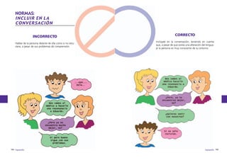 NORMAS:
INCLUIR EN LA
CONVERSACIÓN
INCORRECTO
Hablar de la persona delante de ella como si no estuviera, a pesar de sus problemas de comprensión.

164 logopedia

CORRECTO
Inclúyale en la conversación, teniendo en cuenta
que, a pesar de que exista una alteración del lenguaje la persona es muy consciente de su entorno.

logopedia 165

 