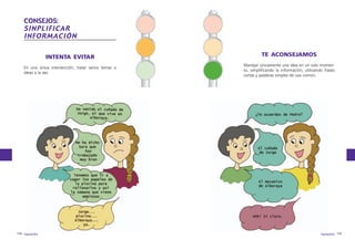 CONSEJOS:
SINPLIFICAR
INFORMACIÓN
INTENTA EVITAR
En una única intervención, tratar varios temas o
ideas a la vez.

174 logopedia

TE ACONSEJAMOS
Manejar únicamente una idea en un solo momento, simplificando la información, utilizando frases
cortas y palabras simples de uso común.

logopedia 175

 