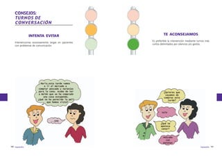 CONSEJOS:
TURNOS DE
CONVERSACIÓN
INTENTA EVITAR
Intervenciones excesivamente largas en pacientes
con problemas de comunicación.

180 logopedia

TE ACONSEJAMOS
Es preferible la intervención mediante turnos más
cortos delimitados por silencios y/o gestos.

logopedia 181

 