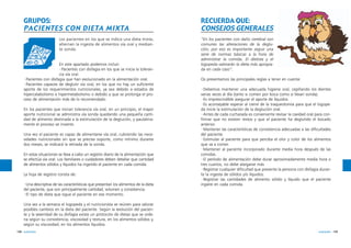 GRUPOS:
PACIENTES CON DIETA MIXTA
Los pacientes en los que se indica una dieta mixta,
alternan la ingesta de alimentos vía oral y mediante sonda.

En este apartado podemos incluir:
·Pacientes con disfagia en los que se inicia la tolerancia vía oral.
·Pacientes con disfagia que han evolucionado en la alimentación oral.
·Pacientes capaces de deglutir vía oral, en los que no hay un suficiente
aporte de los requerimientos nutricionales, ya sea debido a estados de
hipercatabolismo e hipermetabolismo o debido a que se prolonga el proceso de alimentación más de lo recomendado.
En los pacientes que inician tolerancia vía oral, en un principio, el mayor
aporte nutricional se administra vía sonda quedando una pequeña cantidad de alimento destinada a la estimulación de la deglución, y paulatinamente el proceso se invierte.
Una vez el paciente es capaz de alimentarse vía oral, cubriendo las necesidades nutricionales sin que se precise soporte, como mínimo durante
dos meses, se indicará la retirada de la sonda.
En estas situaciones se lleva a cabo un registro diario de la alimentación que
se efectúa vía oral. Los familiares o cuidadores deben detallar que cantidad
de alimentos sólidos y líquidos ha ingerido el paciente en cada comida.
La hoja de registro consta de:
·Una descriptiva de las características que presentan los alimentos de la dieta
del paciente, que son principalmente cantidad, volumen y consistencia.
·El tipo de dieta que sigue el paciente en ese momento.

RECUERDA QUE:
CONSEJOS GENERALES
“En los pacientes con daño cerebral son
comunes las alteraciones de la deglución, por eso es importante seguir una
serie de normas básicas a la hora de
administrar la comida. El dietista y el
logopeda valorarán la dieta más apropiada en cada caso”.
Os presentamos las principales reglas a tener en cuenta:
·Debemos mantener una adecuada higiene oral, cepillando los dientes
varias veces al día (tanto si comen por boca como si llevan sonda).
·Es imprescindible asegurar el aporte de líquidos.
·Es aconsejable esperar al cierre de la traqueotomía para que el logopeda inicie la estimulación de la deglución oral.
·Antes de cada cucharada es conveniente revisar la cavidad oral para confirmar que no existen restos y que el paciente ha deglutido el bocado
anterior.
·Mantener las características de consistencia adecuadas a las dificultades
del paciente.
·Estimular al paciente para que perciba el olor y color de los alimentos
que va a comer.
·Mantener al paciente incorporado durante media hora después de las
comidas.
·El período de alimentación debe durar aproximadamente media hora o
tres cuartos, no debe alargarse más
·Registrar cualquier dificultad que presente la persona con disfagia durante la ingesta de sólidos y/o líquidos.
·Registrar las cantidades de alimento sólido y líquido que el paciente
ingiere en cada comida.

Una vez a la semana el logopeda y el nutricionista se reúnen para valorar
posibles cambios en la dieta del paciente. Según la evolución del paciente y la severidad de su disfagia existe un protocolo de dietas que se ordena según su consistencia, viscosidad y textura, en los alimentos sólidos y,
según su viscosidad, en los alimentos líquidos.
198 nutrición

nutrición 199

 