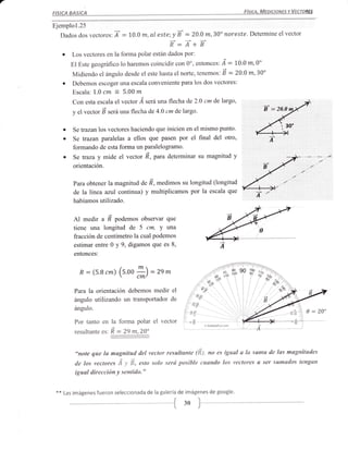 a
    FISICA    BASrcA                                                                                      FíSICA. MEDICIONES Y VECTORES


    Ejemplo1.25
      Dados dos vectorer,       F:    LO.O   m, al este;   yÉ -- 20.0 m,30" noreste. Determine                          el vector
                                                       l:T+É                                -€
          o   Los vectores en la forma polar están dados por:
              El Este geográfico   1o haremos   coincidir con 0o, entonces: Á :                       1-0'O   m,O"
              Midiendo     el ángulo desde el este hasta el norte, tenemos: É :                       20.0    m,30"
          o   Debemos escoger una escala conveniente para los dos vectores:
              Escala: 7.0 cm = 5.00 m
              Con esta escala el vector .Á será una flecha de 2.0 cm de largo,
              y el vector d será una flecha de 4.0 cm de largo.

          a   Se trazan los vectores haciendo que inicien en el mismo punto.
          O   Se trazan paralelas a ellos que pasen por el final del otro,
              formando de esta forma un paralelogramo.
              Se traza y mide el vector ñ., puru determinar su magnitud y                                                           _,. *....1
              orientación.


              Para obtener la magnitud de R, medimos su longitud (longitud
              de la línea azul continua) y multiplicamos por la escala que
              habíamos utilizado.


              Al medir a ñ       podemos observar que
              tiene una longitud de       5 cm, y     una
               fracción de centímetro la cual podemos
               estimar entre 0 y 9, digamos que es 8,
               entonces:


                 p   : (5.8 cm) (s.oo #) : r, *                               ....t,
                                                                                     .¡'t'i
                                                                                        '
                                                                            ,'d.5      J




               Para la orientación debemos medir el
                                                                              B"o§

                                                                    _.,
                                                                          -§{ro
               ángulo utilizando un transportador de               t--§"o
               ángulo.                                         :- 3P
                                                                   *
                                                              i.

               Por tanto en la forma polar el vector          '     .E
                                                                                  irrlar¡§lsFuncotr

               resultante art ñ = 29 m,20"


               ,,note que la mugnitud del vector resultante ¡ñ), no es igual u la suma de las magnitudes

               de los vectores Á y É, esto solo será posible cuando los vectores s ser sumados tengan
               igual dirección y sentido."

     **   Las imágenes fueron seleccionada de la galería de imágenes de google.


                                                           t30 l
 