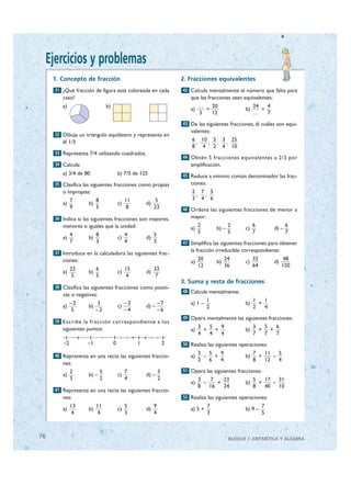 Ejercicios y problemas
        1. Concepto de fracción                                              2. Fracciones equivalentes
         31 ¿Qué fracción de figura está coloreada en cada                   42 Calcula mentalmente el número que falta para
            caso?                                                               que las fracciones sean equivalentes:
            a)                       b)                                              …   20                     24   4
                                                                                a)     =                   b)      =
                                                                                     3   12                     …    7
                                                                             43 De las siguientes fracciones, di cuáles son equi-
                                                                                valentes:
         32 Dibuja un triángulo equilátero y representa en
            él 1/3                                                               6 10 5 3 25
                                                                                  ,  , , ,
                                                                                 8 4 2 4 10
         33 Representa 7/4 utilizando cuadrados.
                                                                             44 Obtén 5 fracciones equivalentes a 2/3 por
         34 Calcula:                                                            amplificación.
            a) 3/4 de 80                      b) 7/5 de 125                  45 Reduce a mínimo común denominador las frac-
         35 Clasifica las siguientes fracciones como propias                    ciones:
            o impropias:                                                         2 7 5
                                                                                  , ,
                 7           8                     11             5              3 4 6
            a)          b)                    c)            d)
                 9           5                      8            23          46 Ordena las siguientes fracciones de menor a
         36 Indica si las siguientes fracciones son mayores,                    mayor:
            menores o iguales que la unidad:                                         2               2          6               6
                                                                                a)            b) –         c)            d) –
                 4           8                     4             5                   5               5          7               7
            a)          b)                    c)            d)
                 7           3                     4             3           47 Simplifica las siguientes fracciones para obtener

         37 Introduce en la calculadora las siguientes frac-
                                                                                la fracción irreducible correspondiente:
            ciones:                                                                  20            24           32             48
                                                                                a)            b)           c)            d)
                                                                                     12            36           64            120
                 23          6                     15            32
            a)          b)                    c)            d)
                 5           5                      4             7
                                                                             3. Suma y resta de fracciones
         38 Clasifica las siguientes fracciones como positi-
                                                                             48 Calcula mentalmente:
            vas o negativas:
                                                                                          1                     1   1
                 –2           3                    –3                –7         a) 1 –                     b)     +
            a)          b)                    c)            d) –                          2                     2   4
                  5          –2                    –4                –6
                                                                             49 Opera mentalmente las siguientes fracciones:
         39 Escribe la fracción correspondiente a los
            siguientes puntos:                                                       3   5   9                  3   5   6
                                                                                a)     +   +               b)     +   +
                                                                                     4   4   4                  7   7   7
            –2         –1                 0             1                2   50 Realiza las siguientes operaciones:

         40 Representa en una recta las siguientes fraccio-
                                                                                     3   5   9                  7   11   5
                                                                                a)     –   +               b)     +    –
                                                                                     2   6   4                  8   12   4
            nes:
                 2               5                 7                 3       51 Opera las siguientes fracciones:
            a)          b) –                  c)            d) –
                 3               2                 4                 2               3    7   23                5   17   31
                                                                                a)     –    +              b)     +    –
                                                                                     8   16   24                8   40   10
         41 Representa en una recta las siguientes fraccio-
            nes:                                                             52 Realiza las siguientes operaciones:
                 13          11                    5             9                        7                          7
            a)          b)                    c)            d)                  a) 5 +                     b) 9 –
                 4            4                    3             4                        3                          5



   76                                                                                                BLOQUE I: ARITMÉTICA Y ÁLGEBRA


© Grupo Editorial Bruño, SL. Matemáticas de 1º ESO. Autores José María Arias Cabezas e Ildefonso Maza Sáez
 