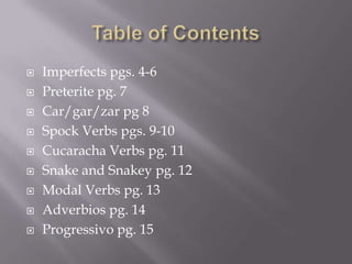    Imperfects pgs. 4-6
   Preterite pg. 7
   Car/gar/zar pg 8
   Spock Verbs pgs. 9-10
   Cucaracha Verbs pg. 11
   Snake and Snakey pg. 12
   Modal Verbs pg. 13
   Adverbios pg. 14
   Progressivo pg. 15
 