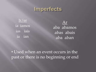 Ir/er
                           Ar
  ia iamos            aba abamos
  ias iais             abas abais
   ia ian               aba aban


• Used when an event occurs in the
past or there is no beginning or end
 