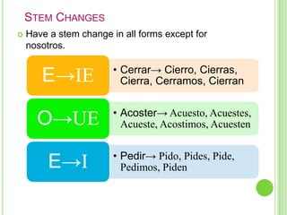 STEM CHANGES
   Have a stem change in all forms except for
    nosotros.

                        • Cerrar→ Cierro, Cierras,
       E→IE               Cierra, Cerramos, Cierran

                        • Acoster→ Acuesto, Acuestes,
      O→UE                Acueste, Acostimos, Acuesten

                        • Pedir→ Pido, Pides, Pide,
         E→I              Pedimos, Piden
 