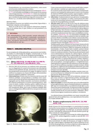 Hematología

     Ocasionalmente nos encontramos leucocitosis, como ocurre                Como consecuencia de las lesiones óseas puede haber compre-
     en la leucemia mielomonocítica crónica.                                 sión radicular o medular por aplastamientos vertebrales.
•    En la serie plaquetaria habitualmente hay trombopenia (MIR 03-          En ocasiones puede existir lesión ósea esclerótica, fundamental-
     04; 72) con anomalías morfológicas y funcionales de las mismas          mente en una variedad de mieloma que se conoce con el nombre
     (micromegacariocitos) (MIR 98-99F, 131). Existe una variante de         de síndrome POEMS (polineuropatía, organomegalias, endocri-
     síndrome mielodisplásico, asociado a un trastorno citogenético,         nopatía, pico monoclonal sérico, alteraciones cutáneas).
     que es la deleción parcial del brazo largo del cromosoma 5 (sín-   3.   Infecciones. Fundamentalmente por gérmenes encapsulados,
     drome 5 q-), en donde existe habitualmente trombocitosis.               y sobre todo en el pulmón y en riñón, consecuencia de la alte-
                                                                             ración de la inmunidad humoral y disminución de la concen-
MEDULA ÓSEA.                                                                 tración de inmunoglobulinas normales.
Nos podemos encontrar una médula normocelular, hipercelular o           4.   Afección renal. Hasta en el 50% de los casos de mieloma existe
hipocelular (relación con las aplasias).                                     insuﬁciencia renal, que es la segunda causa de muerte después de
    Hasta en el 50% de los casos aparecen alteraciones citogené-             las infecciones (MIR 03-04, 62). La maniﬁesta insuﬁciencia renal
ticas en la médula ósea, lo que conﬁere un mal pronóstico a la               depende fundamentalmente de la excreción de cadenas ligeras y
enfermedad.                                                                  la hipercalcemia. Otros factores como la hiperuricemia, amiloi-
                                                                             dosis, pielonefritis de repetición y síndrome de hiperviscosidad
       RECUERDA                                                              aceleran la insuﬁciencia renal. Hay mayor sensibilidad a contras-
                                                                             tes yodados (MIR 98-99, 130). La característica histológica del
    Snd. Mielodisplásicos: edad avanzada, anemia refractaria a               mieloma en el riñón recibe el nombre de riñón de mieloma, que
    los tratamientos, VCM normal o aumentado, reticulocitos                  presenta cilindros eosinóﬁlos en los túbulos contorneados dista-
    no elevados, neutróﬁlos hiposegmentados, hipogranu-                      les y colectores, consecuencia de la precipitación de proteínas de
    lares, leucopenia (leucocitosis en LMMC), trombopenia                    Bence-Jones (cadenas ligeras kappa o lambda) obstruyéndolos y
    (trombocitosis en snd. 5q-).                                             causando fracaso renal agudo (MIR 03-04, 255).
                                                                             También puede causar síndrome de Fanconi por intoxicación de
                                                                             las células del túbulo proximal por proteínas de Bence-Jones, sin
                                                                             precipitación de las mismas. Fallan los transportes de glucosa,
TEMA 7. MIELOMA MÚLTIPLE.                                                    aminoácidos y fosfato. Puede haber también acidosis tubular
                                                                             proximal. En caso de amiloidosis, esta es de tipo AL (primaria), y
Es una neoplasia de células plasmáticas, que presenta una inciden-           cursa con síndrome nefrótico. Otras formas de afectación renal
cia similar a la enfermedad de Hodgkin, constituyendo un 1% de               son la enfermedad por depósito de cadenas ligeras, donde se
todos los cánceres y un 10% de las neoplasias hematológicas.                 produce un depósito granular de cadenas ligeras en el área me-
    Es más frecuente en varones de edad media o avanzada. Su                 sangial, formando nódulos. Hay engrosamiento de la membrana
etiología es desconocida.                                                    basal. Recuerda a la glomeruloesclerosis nodular diabética.
                                                                             Raras veces se produce afectación glomerular, se han descrito
7. 1. Clínica (MIR 99-00, 29; MIR 99-00F, 215; MIR 96-                       GN extracapilares, mesangiocapilares o crioglobulinemias.
      97, 103; MIR 96-97, 163; MIR 00-01, 255).                              Habitualmente los glomérulos del mieloma no están afectados.
                                                                             En un 2% de los mielomas se produce invasión renal por células
1. Del 20 al 30% de las personas con mieloma están asintomáti-               plasmáticas. A diferencia de la inﬁltración linfocitaria, que suele
   cas y su diagnóstico es casual, al encontrarse una velocidad de           ser difusa, la inﬁltración renal del mieloma ocurre predominan-
   sedimentación globular elevada, anemia leve o la presencia de             temente en el seno del hilio.
   una paraproteína monoclonal en la sangre. En algunos casos el        5.   Insuﬁciencia de médula ósea. Se produce anemia como con-
   mieloma no progresa con el paso del tiempo, denominándose                 secuencia del proceso mieloptísico de ocupación de la médula
   entonces mieloma indolente o quiescente.                                  ósea por las células plasmáticas.
2. Enfermedad ósea. El dolor óseo es el síntoma más frecuente del       6.   Hipercalcemia. Hasta en el 30% de los mielomas, siempre con
   mieloma múltiple, correspondiente a osteólisis como conse-                gran masa tumoral. La hipercalcemia produce síntomas tales
   cuencia de la acción de factores estimulantes de los osteoclastos         como astenia, anorexia, náuseas, vómitos, poliuria, polidipsia,
   segregados por las células tumorales. Las lesiones osteolíticas           estreñimiento y confusión.
   del mieloma predominan en huesos hematopoyéticos, tales              7.   Hiperviscosidad. Es menos frecuente que en la enfermedad de
   como el cráneo, costillas, vértebras, pelvis y epíﬁsis de huesos          la macroglobulinemia. Aparece fundamentalmente en mielomas
   largos. Ocasionalmente no existen lesiones osteolíticas, sino             IgM (que son excepcionales) y en mielomas de tipo IgG 3 y con
   una osteoporosis difusa, por lo que el mieloma múltiple debe              menos frecuencia mieloma IgA. El síndrome de hiperviscosidad
   estar en el diagnóstico diferencial de las osteoporosis de causa          se caracteriza por la presencia de alteraciones neurológicas,
   desconocida.                                                              visuales (fondo de ojo con venas tortuosas y dilatadas), altera-
                                                                             ciones hemorrágicas, insuﬁciencia cardíaca y circulatoria.

                                                                            Los plasmocitomas extramedulares son masas tumorales que
                                                                        aparecen fuera de la médula ósea, y son especialmente frecuentes
                                                                        en el tejido linfoide ORL.

                                                                        7. 2. Pruebas complementarias (MIR 98-99, 124; MIR
                                                                              04-05, 118).

                                                                        Desde el punto de vista hematológico, es característica la anemia
                                                                        normocítica normocrómica con una gran elevación de la velocidad
                                                                        de sedimentación globular (recordad que, en personas ancianas,
                                                                        anemia y velocidad de sedimentación elevada también puede sig-
                                                                        niﬁcar arteritis de células gigantes).
                                                                            La médula ósea presenta un porcentaje de células plasmáticas
                                                                        superior al 10%, siendo diagnóstico cuando es más del 30% (MIR
                                                                        02-03, 72).
                                                                            En sangre y en orina se puede encontrar una paraproteína (pro-
                                                                        teína monoclonal). En orden de frecuencia, en sangre se objetiva
                                                                        IgG, IgA y cadenas ligeras. Alrededor del 1% de los mielomas no son
Figura 14. Mieloma múltiple. Lesiones osteolíticas en cráneo.           secretores de paraproteína. En orina se objetivan cadenas ligeras, lo
                                                                        que recibe el nombre de proteinuria de Bence-Jones.

                                                                                                                                       Pág. 13
 