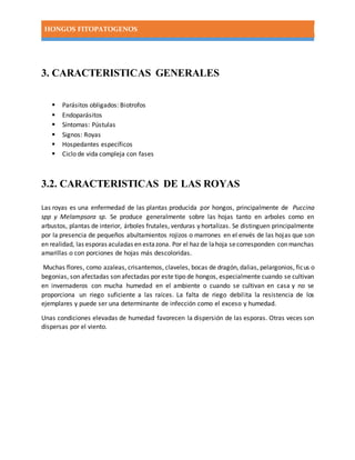 HONGOS FITOPATOGENOS
3. CARACTERISTICAS GENERALES
 Parásitos obligados: Biotrofos
 Endoparásitos
 Síntomas: Pústulas
 Signos: Royas
 Hospedantes específicos
 Ciclo de vida compleja con fases
3.2. CARACTERISTICAS DE LAS ROYAS
Las royas es una enfermedad de las plantas producida por hongos, principalmente de Puccina
spp y Melampsora sp. Se produce generalmente sobre las hojas tanto en arboles como en
arbustos, plantas de interior, árboles frutales, verduras y hortalizas. Se distinguen principalmente
por la presencia de pequeños abultamientos rojizos o marrones en el envés de las hojas que son
en realidad, las esporas aculadas en estazona. Por el haz de lahoja secorresponden con manchas
amarillas o con porciones de hojas más descoloridas.
Muchas flores, como azaleas, crisantemos, claveles, bocas de dragón, dalias, pelargonios, ficus o
begonias, son afectadas son afectadas por este tipo de hongos, especialmente cuando se cultivan
en invernaderos con mucha humedad en el ambiente o cuando se cultivan en casa y no se
proporciona un riego suficiente a las raíces. La falta de riego debilita la resistencia de los
ejemplares y puede ser una determinante de infección como el exceso y humedad.
Unas condiciones elevadas de humedad favorecen la dispersión de las esporas. Otras veces son
dispersas por el viento.
 