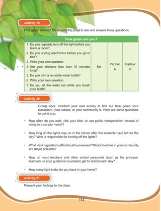 116
Activity 19
How green are we? Go around the class to ask and answer these questions.
How green are you?
1. Do you regularly turn off the light before you
leave a room?
2. Do you unplug electronics before you go to
bed?
3. Write your own question.
4. Are your showers less than 10 minutes
long?
5. Do you own a reusable water bottle?
6. Write your own question.
7. Do you let the water run while you brush
your teeth?
Me
Partner
A
Partner
B
Activity 20
Group work. Conduct your own survey to find out how green your
classroom, your school, or your community is. Here are some questions
to guide you.
• How often do you walk, ride your bike, or use public transportation instead of
riding in a car per month?
• How long do the lights stay on in the school after the students have left for the
day? Who is responsible for turning off the lights?
• What local regulations affect local businesses? What industries in your community
are major polluters?
• How do most teachers and other school personnel (such as the principal,
teachers, or your guidance counselor) get to school each day?
• How many light bulbs do you have in your home?
Activity 21
Present your findings to the class.
 