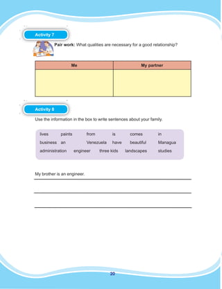 20
Activity 7
Pair work: What qualities are necessary for a good relationship?
Me My partner
Activity 8
Use the information in the box to write sentences about your family.
lives paints from is comes in
business an Venezuela have beautiful Managua
administration engineer three kids landscapes studies
My brother is an engineer.
 