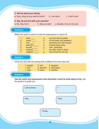 22
3. Tell me about your family.
a. Sure, what do you want to know? b. I am sorry. c. I don’t work.
4. Say, do you live with your parents?
a. No, they don’t. b. See you later! c. Actually, I live on my own.
Activity 4
Match the verbs in column A with the expressions in column B.
1. went ____ a. out loud with his jokes
2. came ____ b. to the beach last weekend
3. met ____ c. spending time with friends
4. planned _____ d. a going away party
5. bought _____ e. over yesterday
6. enjoyed _____ f. me after class to study
7. laughed _____ g. lots of food for the trip
Activity 5
Circle the verb with the ending that is different from the other two.
1. bought 2. met 3. laughed
1. told 2. planned 3. discussed
1. lived 2. knew 3. wanted
Activity 6
Use the verbs and expressions from Activities 3 and 4 to write about a trip. Use
the graphic to guide you.
Last summer, I…
Then,
Finally,
Also,
 