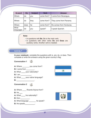 27
Q-word Do Subject Verb Answer
Where do you come from? I come from Nicaragua.
Where do they come from? They come from Pa...