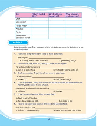 4
Job What’s the job
like?
What skills are
important?
What interests
are important?
Chef
Salesperson
Police officer
Architect
Doctor
Professional
basketball player
Read the sentences. Then choose the best words to complete the definitions of the
underlined words.
1.	 I work in a computer factory. I help to make computers.
A factory is a _______________________________
a. building where things are made		 b. job making things
2.	 I like to taste food while I’m cooking to make sure it is good.
To taste something means to ___________________________
a. eat all of something 				 b. try food by eating a little bit
3. 	 Chefs are creative. They think of new ways to cook food.
To be creative is to ______________________________
a. make food					 b. think of new things
4. 	 I’ m a dog walker. I really like my job, but people are often surprised when I tell
them my job because it is so unusual.
Something that is unusual is something_________________________
a. different 			 b. you like
5. 	 I love ice cream because it has a sweet flavor
A flavor is something that _____________________________
a. has its own special taste				 b. is good to eat
6. 	 I love to eat spicy food such as Thai food and Mexican food.
Spicy food is food that _______________________________
a. is from a different country			 b. has a strong flavor from spices
Activity 6
 