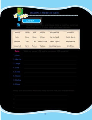 17
LESSON 3: Places of work
Activity 1
Read the list of things and places. Write at least two sentences
about each person. You can use a word more than once.
Carla	 Carla is a waitress. She works in a restaurant. She carries food.
1. Juan	_____________________________________________________
2. Marcia	_____________________________________________________
3. Jorge	_____________________________________________________
4. Luis 	_____________________________________________________
5. Kenia	_____________________________________________________
6. Gloria	_____________________________________________________
7. Carlos	_____________________________________________________
8. Rosa	_____________________________________________________
Henry is an accountant. What does Henry do in his new job? Write sentences.
1._____________________________________________________	
2. ____________________________________________________
3. ____________________________________________________
4. ____________________________________________________
Airport
Hotel
Hospital
Restaurant
Market
Store
Park
Farm
Pilot
Nurse
Clerk
Farmer
Doctor
Waiter
Tourist Guide
Waitress
Drive a Plane
Carries Food
Speaks English
Grows Vegetables
Sells Fruits
Assists Guests
Helps People
Sells Shoes
 