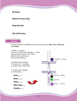 45
Sit down.
Watch for your stop.
Ring the bell.
Get off the bus.
Activity 6
Choose yourself to be First and four other students to be Next, Then, After that,
and Finally.
1. Model a situation
“First, go to the bus stop opposite....” (some
place everyone knows)....the “Next”
student picks up the story.......
they can go anywhere.
2. Model another situation
“First go into...”( a building
ie. airport, hotel , dept store).
3. Finally, work in groups
to do the above........
First,.......
Next,........
Then,........
After that,.....
Finally,.......
 