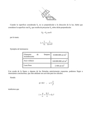 8-1                                                                              Página 6 de 8




  Cuando la superficie considerada S1 no es perpendicular a la dirección de la luz, habrá que
considerar la superficie real S2, que resulta de proyectar S1 sobre dicha perpendicular.

                                         S2 = S1 cos θ

  por lo tanto:




  Ejemplos de luminancia:

                   Filamento       de       lámpara      10.000.000 cd./m2
                   incandescente

                   Arco voltaico                         160.000.000 cd./m2

                   Luna llena                               2.500 cd./m2

Con ayuda de la figura y algunas de las fórmulas anteriormente expuestas, podemos llegar a
interesantes conclusiones, que más adelante nos servirán para los cálculos.

  Siendo:




tendremos que




file://C:Documents%20and%20SettingsgabrielEscritorioAAAELECTRICAS8-1....     28/03/2007
 