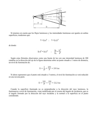 8-1                                                                                     Página 7 de 8




  Si tenemos en cuenta que los flujos luminosos y las intensidades luminosas son iguales en ambas
superficies, tendremos que:




de donde:




  Según estas fórmulas observamos como una fuente de luz con una intensidad luminosa de 200
candelas en la dirección del eje de la figura determina sobre un punto situado a 1 metro de distancia,
un nivel de iluminación de:




  Si ahora suponemos que el punto está situado a 3 metros, el nivel de iluminación se verá reducido
en una novena parte.




   Cuando la superficie iluminada no es perpendicular a la dirección del rayo luminoso, la
iluminancia o nivel de iluminación, viene modificado por el coseno del ángulo de incidencia, que es
el ángulo formado por la dirección del rayo incidente y la normal a la superficie en el punto
considerado.




file://C:Documents%20and%20SettingsgabrielEscritorioAAAELECTRICAS8-1....            28/03/2007
 