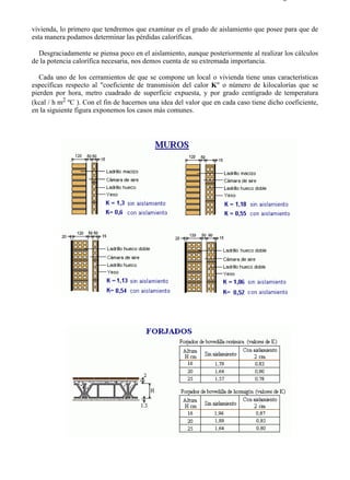 7-4                                                                                    Página 3 de 16



vivienda, lo primero que tendremos que examinar es el grado de aislamiento que posee para que de
esta manera podamos determinar las pérdidas caloríficas.

  Desgraciadamente se piensa poco en el aislamiento, aunque posteriormente al realizar los cálculos
de la potencia calorífica necesaria, nos demos cuenta de su extremada importancia.

   Cada uno de los cerramientos de que se compone un local o vivienda tiene unas características
específicas respecto al "coeficiente de transmisión del calor K" o número de kilocalorías que se
pierden por hora, metro cuadrado de superficie expuesta, y por grado centígrado de temperatura
(kcal / h m2 ºC ). Con el fin de hacernos una idea del valor que en cada caso tiene dicho coeficiente,
en la siguiente figura exponemos los casos más comunes.




file://C:Documents%20and%20SettingsgabrielEscritorioAAAELECTRICAS7-4....            28/03/2007
 