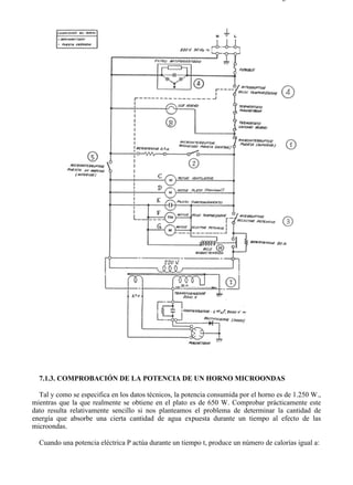 7-1                                                                                 Página 10 de 11




  7.1.3. COMPROBACIÓN DE LA POTENCIA DE UN HORNO MICROONDAS

  Tal y como se especifica en los datos técnicos, la potencia consumida por el horno es de 1.250 W.,
mientras que la que realmente se obtiene en el plato es de 650 W. Comprobar prácticamente este
dato resulta relativamente sencillo si nos planteamos el problema de determinar la cantidad de
energía que absorbe una cierta cantidad de agua expuesta durante un tiempo al efecto de las
microondas.

  Cuando una potencia eléctrica P actúa durante un tiempo t, produce un número de calorías igual a:




file://C:Documents%20and%20SettingsgabrielEscritorioAAAELECTRICAS7-1....          28/03/2007
 