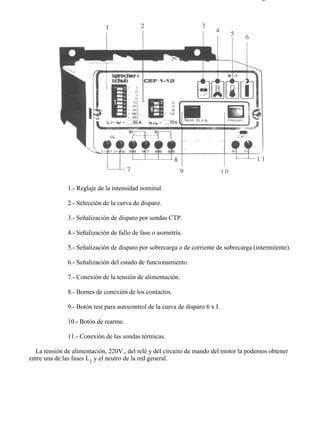 6-5                                                                                    Página 4 de 5




              1.- Reglaje de la intensidad nominal.

              2.- Selección de la curva de disparo.

              3.- Señalización de disparo por sondas CTP.

              4.- Señalización de fallo de fase o asimetría.

              5.- Señalización de disparo por sobrecarga o de corriente de sobrecarga (intermitente).

              6.- Señalización del estado de funcionamiento.

              7.- Conexión de la tensión de alimentación.

              8.- Bornes de conexión de los contactos.

              9.- Botón test para autocontrol de la curva de disparo 6 x I.

              10.- Botón de rearme.

              11.- Conexión de las sondas térmicas.

  La tensión de alimentación, 220V., del relé y del circuito de mando del motor la podemos obtener
entre una de las fases L1 y el neutro de la red general.




file://C:Documents%20and%20SettingsgabrielEscritorioAAAELECTRICAS6-5....           28/03/2007
 