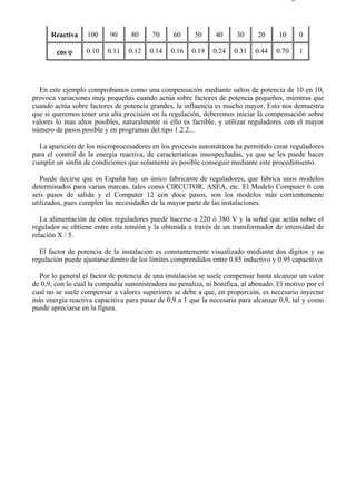 5-7                                                                                    Página 3 de 7




      Reactiva     100     90     80     70     60      50     40     30      20     10      0

        cos ϕ     0.10    0.11   0.12   0.14    0.16   0.19   0.24    0.31   0.44   0.70     1




  En este ejemplo comprobamos como una compensación mediante saltos de potencia de 10 en 10,
provoca variaciones muy pequeñas cuando actúa sobre factores de potencia pequeños, mientras que
cuando actúa sobre factores de potencia grandes, la influencia es mucho mayor. Esto nos demuestra
que si queremos tener una alta precisión en la regulación, deberemos iniciar la compensación sobre
valores lo mas altos posibles, naturalmente si ello es factible, y utilizar reguladores con el mayor
número de pasos posible y en programas del tipo 1.2.2...

  La aparición de los microprocesadores en los procesos automáticos ha permitido crear reguladores
para el control de la energía reactiva, de características insospechadas, ya que se les puede hacer
cumplir un sinfín de condiciones que solamente es posible conseguir mediante este procedimiento.

   Puede decirse que en España hay un único fabricante de reguladores, que fabrica unos modelos
determinados para varias marcas, tales como CIRCUTOR, ASEA, etc. El Modelo Computer 6 con
seis pasos de salida y el Computer 12 con doce pasos, son los modelos más corrientemente
utilizados, pues cumplen las necesidades de la mayor parte de las instalaciones.

   La alimentación de estos reguladores puede hacerse a 220 ó 380 V y la señal que actúa sobre el
regulador se obtiene entre esta tensión y la obtenida a través de un transformador de intensidad de
relación X / 5.

  El factor de potencia de la instalación es constantemente visualizado mediante dos dígitos y su
regulación puede ajustarse dentro de los límites comprendidos entre 0.85 inductivo y 0.95 capacitivo.

  Por lo general el factor de potencia de una instalación se suele compensar hasta alcanzar un valor
de 0,9, con lo cual la compañía suministradora no penaliza, ni bonifica, al abonado. El motivo por el
cual no se suele compensar a valores superiores se debe a que, en proporción, es necesario inyectar
más energía reactiva capacitiva para pasar de 0,9 a 1 que la necesaria para alcanzar 0,9, tal y como
puede apreciarse en la figura.




file://C:Documents%20and%20SettingsgabrielEscritorioAAAELECTRICAS5-7....             28/03/2007
 