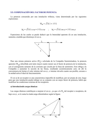 5-5                                                                                    Página 1 de 2




  5.5. COMPENSACIÓN DEL FACTOR DE POTENCIA

  La potencia consumida por una instalación trifásica, viene determinada por las siguientes
expresiones:




  Expresiones de las cuales se puede deducir que la Intensidad aparente (I) en una instalación,
aumenta a medida que disminuye el cos ϕ .




   Para una misma potencia activa (Wa), solicitada de la Compañía Suministradora, la potencia
aparente (Wap) absorbida será tanto mayor cuanto menor sea el factor de potencia de la instalación,
con el consiguiente aumento de la corriente que circula por la línea de suministro. Esto obliga a la
Compañía a aumentar la sección de las líneas, resultando económicamente caro; de ahí la
conveniencia de limitar el valor mínimo del cos ϕ , e intentar elevarlo cuanto sea posible, cercano a
la unidad sería el ideal de funcionamiento.

  El cos ϕ de un receptor es una característica imposible de modificar, por ser propia de este, luego
para que una instalación pueda trabajar en su conjunto con un mejor factor de potencia, habrá que
modificar las condiciones externas de los receptores.

  a) Introduciendo cargas óhmicas

  Las cargas óhmicas contribuyen a mejorar el cos ϕ , ya que a la Wa del receptor o receptores, de
bajo cos ϕ , se le suma la citada carga obteniéndose según la figura:




file://C:Documents%20and%20SettingsgabrielEscritorioAAAELECTRICAS5-5....           28/03/2007
 