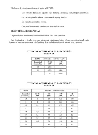 5-1                                                                                    Página 3 de 5



  El número de circuitos mínimo será según MIBT 022:

              - Dos circuitos destinados a puntos fijos de luz y a tomas de corriente para alumbrado.

              - Un circuito para lavadoras, calentador de agua y secador.

              - Un circuito destinado a cocina.

              - Dos para las tomas de corriente de otras aplicaciones.

  ELECTRIFICACIÓN ESPECIAL

  La previsión de demanda total se determinará en cada caso concreto.

  Está destinado a viviendas con gran número de electrodomésticos o bien con potencias elevadas
de estos, o bien con sistema de calefacción y de acondicionamiento de aire de gran consumo.



                       POTENCIAS A CONTRATAR EN BAJA TENSIÓN
                                     TARIFA 1.0

                                ICPM        Potencias a contratar en kW.
                               Intensidad         I+N ó II     I+N
                              Nominal (A)          220V        127V.
                                  1,5              0,330        ---
                                  3,5              0,770       0,445
                                   5                ---        0,635




                       POTENCIAS A CONTRATAR EN BAJA TENSIÓN
                                     TARIFA 2.0

                 ICPM                       Potencias a contratar en kW.
                Intensidad      III+N              III         I+N            II
               Nominal (A)      380V              220V         220V.        220 V.
                   1,5            1                0,6          0,33         0,33
                   3              2                1,2          0,66         0,66
                   3,5            2,3              1,3          0,77         0,77
                   5              3,3              1,9          1,1           1,1
                   7,5            4,9              2,9          1,6           1,6
                   10             6,6              3,8          2,2           2,2
                   15             9,9              5,7          3,3           3,3
                   20            13,2              7,6          4,4           4,4
                   25                              9,5          5,5           5,5




file://C:Documents%20and%20SettingsgabrielEscritorioAAAELECTRICAS5-1....           28/03/2007
 