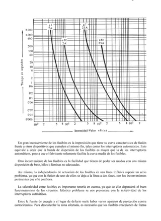 4-8                                                                                     Página 2 de 4




   Un gran inconveniente de los fusibles es la imprecisión que tiene su curva característica de fusión
frente a otros dispositivos que cumplen el mismo fin, tales como los interruptores automáticos. Esto
equivale a decir que la banda de dispersión de los fusibles es mayor que la de los interruptores
automáticos, pese a que el fabricante solamente facilita la curva media de los fusibles.

   Otro inconveniente de los fusibles es la facilidad que tienen de poder ser usados con una misma
disposición de base, hilos o láminas no adecuadas.

  Así mismo, la independencia de actuación de los fusibles en una línea trifásica supone un serio
problema, ya que con la fusión de uno de ellos se deja a la línea a dos fases, con los inconvenientes
pertinentes que ello conlleva.

   La selectividad entre fusibles es importante tenerla en cuenta, ya que de ello dependerá el buen
funcionamiento de los circuitos. Idéntico problema se nos presentara con la selectividad de los
interruptores autmáticos.

  Entre la fuente de energía y el lugar de defecto suele haber varios aparatos de protección contra
cortocircuitos. Para desconectar la zona afectada, es necesario que los fusibles reaccionen de forma




file://C:Documents%20and%20SettingsgabrielEscritorioAAAELECTRICAS4-8....            28/03/2007
 