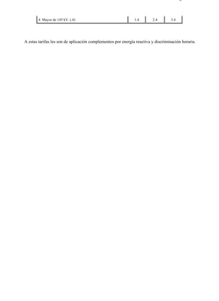 3-2                                                                                    Página 3 de 3



         4. Mayor de 145 kV. (.4)                               1.4       2.4        3.4




  A estas tarifas les son de aplicación complementos por energía reactiva y discriminación horaria.




file://C:Documents%20and%20SettingsgabrielEscritorioAAAELECTRICAS3-2....             28/03/2007
 