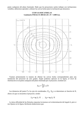 9-4                                                                                 Página 21 de 37



punto cualquiera del plano iluminado. Dado que los proyectores suelen trabajar con inclinaciones
variables, deberemos aprender a obtener las curvas Isolux para la inclinación que deseemos.

                                 CURVAS ISOCANDELAS
                       Luminaria INDALUX 400-IZA-D ; Φ = 1.000 Lm.




   Veamos primeramente la manera de obtener las curvas Isolux correspondientes para una
instalación del proyector de cero grados. Según podemos apreciar en la figura, el nivel de
iluminación en un punto cualquiera del plano iluminado por el proyector, resultará ser:




   Las distancias del punto P a los ejes de coordenadas, (YE; XE), se determinan en función de H,
altura a la que se encuentra el proyector, siendo:




  La única dificultad de las fórmulas expuestas la tenemos en la determinación del ángulo b, pero si
nos fijamos en la figura, fácilmente deduciremos que:




file://C:Documents%20and%20SettingsgabrielEscritorioAAAELECTRICAS9-4....          28/03/2007
 