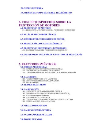 indice                                                                       Página 3 de 4



             5.8. TOMAS DE TIERRA

             5.9. MEDIDA DE TOMAS DE TIERRA. TELURÓMETRO



           6. CONCEPTO SPRECHER SOBRE LA
           PROTECCIÓN DE MOTORES
            6.1. PROTECCIÓN DE MOTORES
              6.1.1. PROBLEMAS ACTUALES SOBRE LA PROTECCIÓN DE MOTORES

            6.2. RELÉS TÉRMICOS BIMETÁLICOS

            6.3. INTERRUPTOR AUTOMÁTICO DE MOTOR

            6.4. PROTECCIÓN CON SONDAS TÉRMICAS

            6.5. PROTECCIÓN ELECTRÓNICA DE MOTORES
              6.5.1. RELÉ ELECTRÓNICO DE PROTECCIÓN DE MOTOR CEF1

            6.6. CRITERIOS DE ELECCIÓN DE UN SISTEMA DE PROTECCIÓN




           7. ELECTRODOMÉSTICOS
            7.1. HORNOS MICROONDAS
              7.1.1. CONFIGURACIÓN DE UN HORNO MICROONDAS
              7.1.2. DESCRIPCIÓN DE UN HORNO MICROONDAS
              7.1.3. COMPROBACIÓN DE LA POTENCIA DE UN HORNO MICROONDAS

            7.2. LAVADORAS
              7.2.1. FUNCIONAMIENTO DE UNA LAVADORA
              7.2.2. CIRCUITO ELÉCTRICO DE UNA LAVADORA
              7.2.3. PROGRAMADOR
            7.3. TERMOS ELÉCTRICOS

            7.4. CALEFACCIÓN
              7.4.1. COEFICIENTE DE TRANSMISIÓN DEL CALOR K
              7.4.2. DETERMINACIÓN DEL COEFIIENTE DE TRANSMISIÓN KG
              7.4.3. PÉRDIDAS SUPLEMENTARIAS
              7.4.4. PÉRDIDAS TOTALES DE CALOR
              7.4.5. CONSUMOS DE LOS DISTINTOS SISTEMAS DE CALEFACCIÓN
              7.4.6. GASTOS ANUALES DE CALEFACCIÓN

            7.5. AIRE ACONDICIONADO

            7.6. CALEFACCIÓN ELÉCTRICA

            7.7. ACUMULADORES DE CALOR

            7.8. BOMBA DE CALOR




file://C:Documents%20and%20SettingsgabrielEscritorioAAAELECTRICASindic... 28/03/2007
 