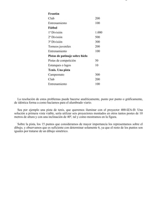 9-4                                                                                  Página 31 de 37



                          Frontón
                          Club                                  200
                          Entrenamiento                         100
                          Fútbol
                          1ª División                           1.000
                          2ª División                           500
                          3ª División                           300
                          Torneos juveniles                     200
                          Entrenamiento                         100
                          Pistas de patinaje sobre hielo
                          Pistas de competición                 50
                          Estanques o lagos                     10
                          Tenis. Una pista
                          Campeonato                            300
                          Club                                  200
                          Entrenamiento                         100



  La resolución de estos problemas puede hacerse analíticamente, punto por punto o gráficamente,
de idéntica forma a como hacíamos para el alumbrado viario.

  Sea por ejemplo una pista de tenis, que queremos iluminar con el proyector 400-IZA-D. Una
solución a primera vista viable, sería utilizar seis proyectores montados en otros tantos postes de 10
metros de altura y con una inclinación de 40º, tal y como mostramos en la figura.

  Sobre la pista, los 15 puntos que consideramos de mayor importancia los representamos sobre el
dibujo, y observamos que es suficiente con determinar solamente 6, ya que el resto de los puntos son
iguales por tratarse de un dibujo simétrico.




file://C:Documents%20and%20SettingsgabrielEscritorioAAAELECTRICAS9-4....            28/03/2007
 
