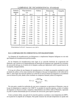 8-2                                                                                   Página 5 de 31




  8.2.2. LÁMPARAS DE INCANDESCENCIA CON HALOGENUROS

  Las lámparas de incandescencia con halogenuros o simplemente lámparas halógenas no son más
que lámparas de incandescencia perfeccionadas.

   En las lámparas de incandescencia tiene lugar el ya conocido fenómeno de evaporación del
filamento, que consiste en el desprendimiento de partículas de tungsteno que siguiendo las corrientes
de convección del gas en el interior de la lámpara, acaban por depositarse sobre la pared interior de
la ampolla, ennegreciéndola.

  Si al gas de relleno de una lámpara de incandescencia se le añade una pequeña cantidad de yodo
en forma de yoduro, en las zonas externas de la lámpara en las que la temperatura es del orden de los
600 ºC, tiene lugar una reacción química en virtud de la cual los átomos de tungsteno se recombinan
con los átomos de yodo, dando como resultado un compuesto llamado yoduro de tungsteno:




   Por otra parte, cuando las moléculas de este nuevo compuesto se aproximan al filamento, zona en
la que la temperatura es superior a los 2.000 ºC, se produce la reacción opuesta, es decir, el yoduro
de tungsteno se disocia en yodo y tungsteno, depositándose este último sobre el filamento, siguiendo
el yodo el camino determinado por las corrientes de convección, para repetir el proceso.

  Como ya hemos dicho, una parte de la reacción química se produce a una temperatura de 600ºC,
en la pared de la ampolla de la lámpara. Para poder alcanzar tan elevada temperatura no queda más



file://C:Documents%20and%20SettingsgabrielEscritorioAAAELECTRICAS8-2....           28/03/2007
 