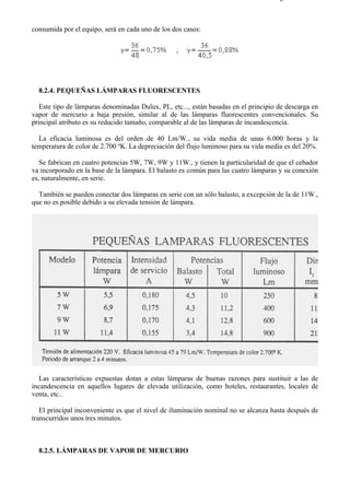 8-2                                                                                 Página 16 de 31



consumida por el equipo, será en cada uno de los dos casos:




  8.2.4. PEQUEÑAS LÁMPARAS FLUORESCENTES

   Este tipo de lámparas denominadas Dulux, PL, etc..., están basadas en el principio de descarga en
vapor de mercurio a baja presión, similar al de las lámparas fluorescentes convencionales. Su
principal atributo es su reducido tamaño, comparable al de las lámparas de incandescencia.

  La eficacia luminosa es del orden de 40 Lm/W., su vida media de unas 6.000 horas y la
temperatura de color de 2.700 ºK. La depreciación del flujo luminoso para su vida media es del 20%.

   Se fabrican en cuatro potencias 5W, 7W, 9W y 11W., y tienen la particularidad de que el cebador
va incorporado en la base de la lámpara. El balasto es común para las cuatro lámparas y su conexión
es, naturalmente, en serie.

  También se pueden conectar dos lámparas en serie con un sólo balasto, a excepción de la de 11W.,
que no es posible debido a su elevada tensión de lámpara.




  Las características expuestas dotan a estas lámparas de buenas razones para sustituir a las de
incandescencia en aquellos lugares de elevada utilización, como hoteles, restaurantes, locales de
venta, etc..

   El principal inconveniente es que el nivel de iluminación nominal no se alcanza hasta después de
transcurridos unos tres minutos.



  8.2.5. LÁMPARAS DE VAPOR DE MERCURIO



file://C:Documents%20and%20SettingsgabrielEscritorioAAAELECTRICAS8-2....          28/03/2007
 