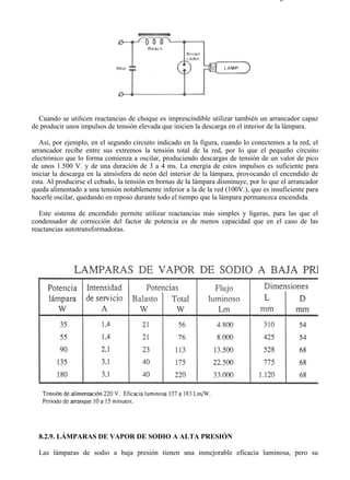 8-2                                                                                  Página 26 de 31




  Cuando se utilicen reactancias de choque es imprescindible utilizar también un arrancador capaz
de producir unos impulsos de tensión elevada que inicien la descarga en el interior de la lámpara.

   Así, por ejemplo, en el segundo circuito indicado en la figura, cuando lo conectemos a la red, el
arrancador recibe entre sus extremos la tensión total de la red, por lo que el pequeño circuito
electrónico que lo forma comienza a oscilar, produciendo descargas de tensión de un valor de pico
de unos 1.500 V. y de una duración de 3 a 4 ms. La energía de estos impulsos es suficiente para
iniciar la descarga en la atmósfera de neón del interior de la lámpara, provocando el encendido de
esta. Al producirse el cebado, la tensión en bornas de la lámpara disminuye, por lo que el arrancador
queda alimentado a una tensión notablemente inferior a la de la red (100V.), que es insuficiente para
hacerle oscilar, quedando en reposo durante todo el tiempo que la lámpara permanezca encendida.

   Este sistema de encendido permite utilizar reactancias más simples y ligeras, para las que el
condensador de corrección del factor de potencia es de menos capacidad que en el caso de las
reactancias autotransformadoras.




  8.2.9. LÁMPARAS DE VAPOR DE SODIO A ALTA PRESIÓN

  Las lámparas de sodio a baja presión tienen una inmejorable eficacia luminosa, pero su



file://C:Documents%20and%20SettingsgabrielEscritorioAAAELECTRICAS8-2....           28/03/2007
 