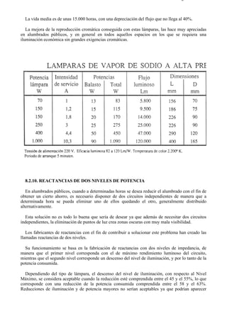 8-2                                                                                 Página 29 de 31



  La vida media es de unas 15.000 horas, con una depreciación del flujo que no llega al 40%.

   La mejora de la reproducción cromática conseguida con estas lámparas, las hace muy apreciadas
en alumbrados públicos, y en general en todos aquellos espacios en los que se requiera una
iluminación económica sin grandes exigencias cromáticas.




  8.2.10. REACTANCIAS DE DOS NIVELES DE POTENCIA

   En alumbrados públicos, cuando a determinadas horas se desea reducir el alumbrado con el fin de
obtener un cierto ahorro, es necesario disponer de dos circuitos independientes de manera que a
determinada hora se pueda eliminar uno de ellos quedando el otro, generalmente distribuido
alternativamente.

  Esta solución no es todo lo buena que sería de desear ya que además de necesitar dos circuitos
independientes, la eliminación de puntos de luz crea zonas oscuras con muy mala visibilidad.

   Los fabricantes de reactancias con el fin de contribuir a solucionar este problema han creado las
llamadas reactancias de dos niveles.

  Su funcionamiento se basa en la fabricación de reactancias con dos niveles de impedancia, de
manera que el primer nivel corresponda con el de máximo rendimiento luminoso del circuito,
mientras que el segundo nivel corresponde un descenso del nivel de iluminación, y por lo tanto de la
potencia consumida.

  Dependiendo del tipo de lámpara, el descenso del nivel de iluminación, con respecto al Nivel
Máximo, se considera aceptable cuando la reducción esté comprendida entre el 45 y el 55%, lo que
corresponde con una reducción de la potencia consumida comprendida entre el 58 y el 63%.
Reducciones de iluminación y de potencia mayores no serían aceptables ya que podrían aparecer




file://C:Documents%20and%20SettingsgabrielEscritorioAAAELECTRICAS8-2....          28/03/2007
 