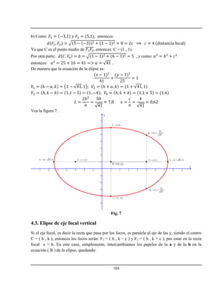 104
b) Como , entonces:
Ya que C es el punto medio de , entonces: C = (1 , 1).
Por otra parte: , y como:
entonces: .
De manera que la ecuación de la elipse es:
ℎ ℎ
ℎ ℎ
Vea la figura 7.
-7 -6 -5 -4 -3 -2 -1 1 2 3 4 5 6 7 8 9
-5
-4
-3
-2
-1
1
2
3
4
5
6
7
x
y
1 (1 41,1)V   2 (1 41,1)V  
C=(1,1)
1 ( 3,1)F   2 (5,1)F 
3 (1, 4)V  
4 (1,6)V 
1
25
(5,1 )
41
Q  
2
25
(5,1 )
41
Q  
Fig. 7
4.3. Elipse de eje focal vertical
Si el eje focal, es decir la recta que pasa por los focos, es paralela al eje de las y, siendo el centro
C = ( h , k ), entonces los focos serán: F1 = ( h , k – c ) y F2 = ( h , k + c ), por estar en la recta
focal x = h. En este caso, simplemente, intercambiamos los papeles de la a y de la b en la
ecuación ( B ) de la elipse, quedando:
 