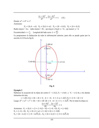 105
ℎ
Donde: .
Asimismo:
ℎ ℎ ℎ ℎ
Radio mayor = 2a ; radio menor = 2b ; eje mayor o focal: x = h ; eje menor: y = k
Excentricidad: ; Longitud del lado recto: .
Le proponemos la deducción de toda la información anterior, para ello se puede guiar por la
sección 4.2 (Vea la fig.8).
x
y
C=(h,k)
1 ( , )V hk a 
2 ( , )V hk a 
1 ( , )F hk c 
2 ( , )F hk c 
3 ( , )V h bk  4 ( , )V h b k 
a
b
c
Fig. 8
Ejemplo 2
Hallemos la ecuación de la elipse de centro C = (-4,2), F2 = (-4,6) y V1 = (-4,-4), y los demás
elementos de ésta.
ℎ
Luego: . Por lo tanto la elipse es:
Asimismo: ℎ
ℎ
ℎ ; ℎ
 