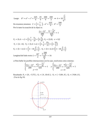 107
Por lo tanto la ecuación de la elipse es:
ℎ
ℎ
ℎ ℎ =
c) Para hallar las posibles intersecciones con los ejes, resolvemos estos sistemas:
Resultando:
(Vea la fig.10)
-6 -4 -2 2 4 6 8 10 12 14 16 18 20 22 24 26 28 30
-6
-4
-2
2
4
6
8
10
x
y
1 (2, 6)V  
(2,7/3)C
2 (2,4)F 
2 (2,32/3)V 
P1
P2
P3 P4
F1 = ( 2 , 2/3 )
Fig. 10
 