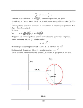 112
Además si entonces: , y haciendo operaciones, nos queda:
ℎ α , β ) = F. Si , se puede probar que ℎ α , β ) =
F.
Además podemos obtener las ecuaciones de las directrices en función de los parámetros de la
elipse ( O sea: h, k, a, b y c).
En efecto:
ℎ
Despejando α en ambas e igualando, tenemos después de ciertas operaciones: a + γh = γω.
Luego, recordando que: entonces resulta:
ℎ
De manera que la directriz para el foco F = ( h + c , k ) es la recta: ℎ
Similarmente, la directriz para el foco ( h – c , k ) es la recta: ℎ .
Esto es lo que nos permitirá enunciar el teorema 2, en la forma en que aparece en este texto.
x
y
( , )P x y
1 ( , )F F   
:L x 
C
d( P , L )
d( P , F )
( , )
( , )
d P F
d P L

P Elipse 
Fig.12
 