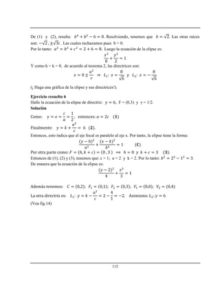 115
De (1) y (2), resulta: Resolviendo, tenemos que . Las otras raíces
son: . Las cuales rechazamos pues b > 0.
Por lo tanto: Luego la ecuación de la elipse es:
Y como h = k = 0, de acuerdo al teorema 2, las directrices son:
(¡ Haga una gráfica de la elipse y sus directrices!).
Ejercicio resuelto 6
Halle la ecuación de la elipse de directriz: , F = (0,3) y γ = 1/2.
Solución
Entonces, esto indica que el eje focal es paralelo al eje x. Por tanto, la elipse tiene la forma:
ℎ
ℎ ℎ .
Entonces de (1), (2) y (3), tenemos que: c = 1; a = 2 y k = 2. Por lo tanto: .
De manera que la ecuación de la elipse es:
(Vea fig.14)
 