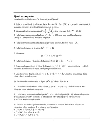 117
Ejercicios propuestos
Los ejercicios señalados con (*) tienen mayor dificultad.
1) Halle la ecuación de la elipse de focos: F1 = (-2,0) y F2 = (2,0), y cuyo radio mayor mide 6
unidades. Encuentre el resto de los elementos de la elipse.
2) Idem para la elipse que pasa por , tiene centro en (0,0) y V3 = (0,-2).
3) Halle las rectas tangentes a la elipse: , que sean paralelas a la recta:
3x+8y = 7. Determine los puntos de tangencia.
4) Halle las rectas tangentes a la elipse del problema anterior, desde el punto (4,0).
5) Halle los elementos de la elipse
6) Idem para:
7) Halle los elementos y la gráfica de la elipse:
8) Encuentre la ecuación de la elipse de directriz x = 9/4, C = (0,0) y excentricidad e = ½. Halle
los demás elementos de la elipse y dibuje la gráfica con estos.
9) Una elipse tiene directrices L1: x = 1 y L2: x = 5, y V2 = (5,3). Halle la ecuación de dicha
elipse y los demás elementos.
10) Encuentre los elementos de la elipse: 9x2
+ 4y2
+36x – 8y + 4 = 0.
11) Los cuatro vértices de una elipse son: (1,1), (3,4), (1,7) y (-1,4). Halle la ecuación de la
elipse, así como los demás elementos.
12) Halle las rectas tangentes a la elipse 4x2
+ y2
= 4, desde el punto ( 0 , 4 ), así como los puntos
de tangencia. Encuentre asimismo la intersección entre esta elipse y la circunferencia
x2
+ y2
= 1. Grafique el problema.
13) En cada uno de los siguientes literales, determina la ecuación de la elipse, así como sus
elementos y haz un dibujo de la elipse, y sus elementos.
a) C = (0,0 ); F2 = (0,2) y V1 = (0,-4)
b) C = (0,0); F1 = (-3,0) y a = 5
c) C = (0,2); F1 = (0,0) y a = 3
 