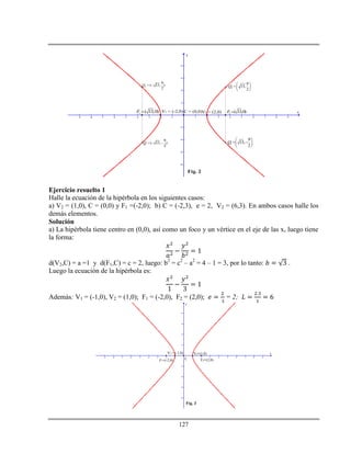 127
-9 -8 -7 -6 -5 -4 -3 -2 -1 1 2 3 4 5 6 7 8 9
-8
-6
-4
-2
2
4
6
8
x
y
1 ( 13,0)F  V1 = (-2,0) C = (0,0)V2 = (2,0) 2 ( 13,0)F 
1
9
( 13, )
2
Q   
2
9
( 13, )
2
Q  
3
9
13,
2
Q
 
  
 
4
9
13,
2
Q
 
 
 
Fig. 2
Ejercicio resuelto 1
Halle la ecuación de la hipérbola en los siguientes casos:
a) V2 = (1,0), C = (0,0) y F1 =(-2,0); b) C = (-2,3), e = 2, V2 = (6,3). En ambos casos halle los
demás elementos.
Solución
a) La hipérbola tiene centro en (0,0), así como un foco y un vértice en el eje de las x, luego tiene
la forma:
d(V2,C) = a =1 y d(F1,C) = c = 2, luego: b2
= c2
– a2
= 4 – 1 = 3, por lo tanto: .
Luego la ecuación de la hipérbola es:
Además: V1 = (-1,0), V2 = (1,0); F1 = (-2,0), F2 = (2,0); = 2;
-9 -8 -7 -6 -5 -4 -3 -2 -1 1 2 3 4 5 6 7 8 9
-8
-6
-4
-2
2
4
6
8
x
y
F1=(-2,0)
V1 = (-1,0)
C
V2=(1,0)
F2=(2,0)
Fig. 3
 