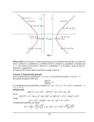 130
x
y
F1 = (h - c, k)
V1 = (h - a,k) C = (h,k) V2 = ( h + a , k )
F2 = (h + c,k)
Q1 = (h - c, k - b2/a)
Q2 = (h - c,k + b2/a)
Q3 = (h + c,k - b2/a)
Q4 = (h + c,k - b2/a)
rama derecharama izquierda
L1 L2
P = ( x , y )
Fig. 5
Observación: en el teorema 1, hemos demostrado que una hipérbola del tipo (B) es la cónica de
foco F1, directriz L1 y parámetro e, y también de foco F2, directriz L2 y parámetro e. Siempre con
e > 1. Así mismo la cónica de F1, directriz L1 y parámetro e es la misma cónica de foco F2,
directriz L2 y parámetro e.
El recíproco del teorema anterior también se cumple y dice así:
Teorema 2 ( Demostración opcional)
Sea F un punto fijo de coordenadas F = ( α , β ) y L una recta de ecuación x = d, sea > 1.
El conjunto de puntos P tales que:
Es una hipérbola de excentricidad además si d > α, L = L1 y F = F1; y si d < α, entonces: L
= L2 y F = F2.
Demostración
;
O sea:
Luego:
)
Completando cuadrados, nos queda:
 