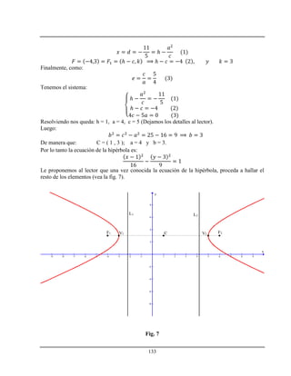 133
ℎ
ℎ ℎ
Finalmente, como:
Tenemos el sistema:
ℎ
ℎ
Resolviendo nos queda: h = 1, a = 4, c = 5 (Dejamos los detalles al lector).
Luego:
De manera que: C = ( 1 , 3 ); a = 4 y b = 3.
Por lo tanto la ecuación de la hipérbola es:
Le proponemos al lector que una vez conocida la ecuación de la hipérbola, proceda a hallar el
resto de los elementos (vea la fig. 7).
-9 -8 -7 -6 -5 -4 -3 -2 -1 1 2 3 4 5 6 7 8 9
-8
-6
-4
-2
2
4
6
8
x
y
F1 V1 C V2 F2
L1 L2
Fig. 7
 