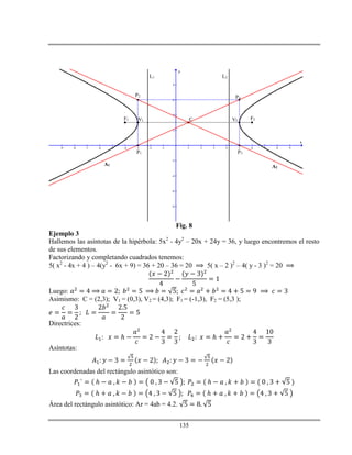 135
-9 -8 -7 -6 -5 -4 -3 -2 -1 1 2 3 4 5 6 7 8 9
-8
-6
-4
-2
2
4
6
8
x
y
F1 V1 C V2 F2
L1 L2
A1
A2
P1
P2
P3
P4
Fig. 8
Ejemplo 3
Hallemos las asíntotas de la hipérbola: 5x2
- 4y2
– 20x + 24y = 36, y luego encontremos el resto
de sus elementos.
Factorizando y completando cuadrados tenemos:
5( x2
- 4x + 4 ) – 4(y2
- 6x + 9) = 36 + 20 – 36 = 20 5( x – 2 )2
– 4( y - 3 )2
= 20
Luego:
Asimismo: C = (2,3); V1 = (0,3), V2 = (4,3); F1 = (-1,3), F2 = (5,3 );
Directrices:
ℎ ℎ
Asíntotas:
Las coordenadas del rectángulo asintótico son:
ℎ ℎ
ℎ ℎ
Área del rectángulo asintótico: Ar = 4ab = 4.2.
 